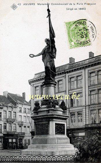 ancienne carte postale de Anvers Monument commémoratif de la Furie française