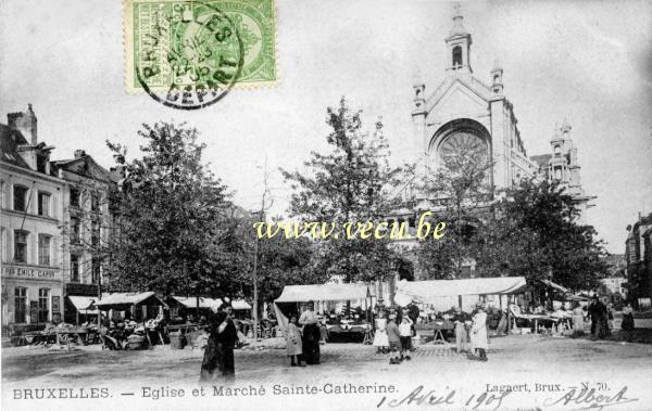 postkaart van Brussel Sint-Katelijneplein markt en kerk