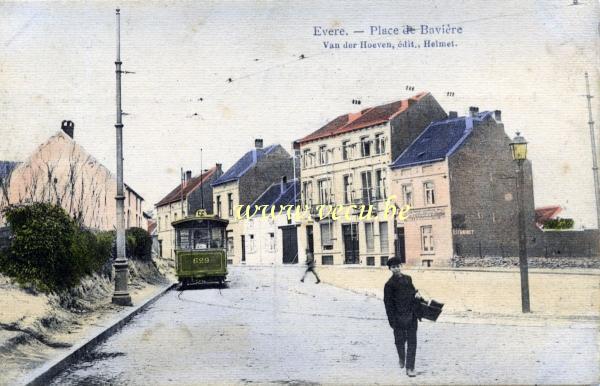 postkaart van Evere Beierplein. De elektrische tram 56 werd op 1905 feestelijk ingereden.
