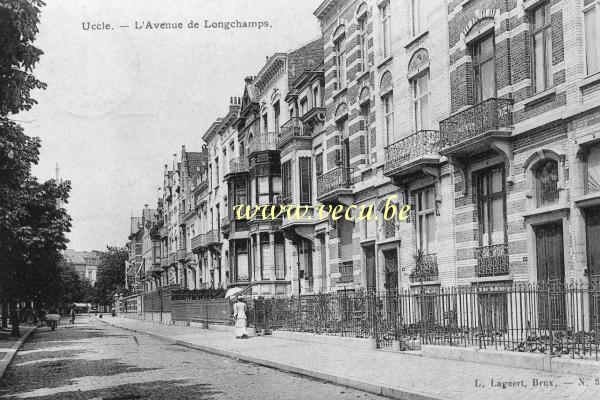 ancienne carte postale de Uccle L'avenue de Longchamp (actuelle avenue W. Churchill, du n°52 vers place Vanderkinderen)