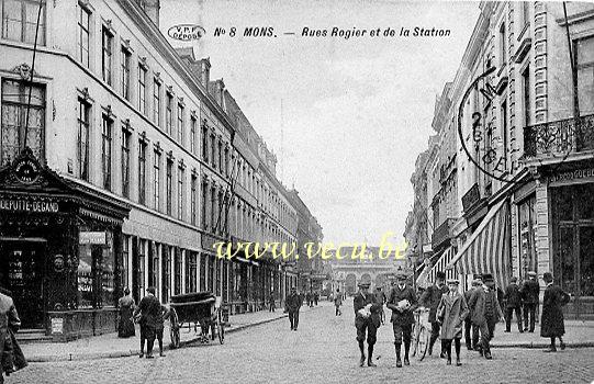 ancienne carte postale de Mons Rues Rogier et de la Station