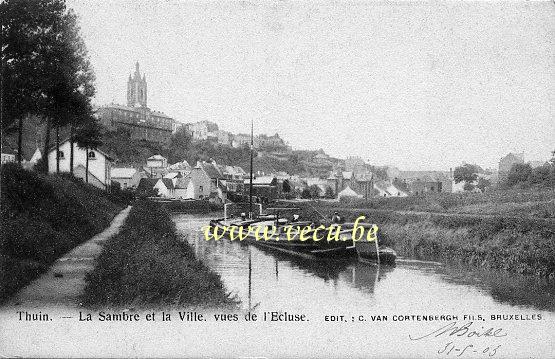 ancienne carte postale de Thuin La Sambre et la ville, vues de l'écluse