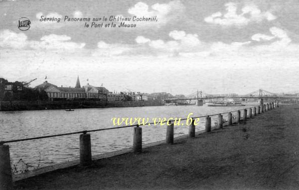 ancienne carte postale de Seraing Panorama sur le château Cockerill, le pont et la Meuse