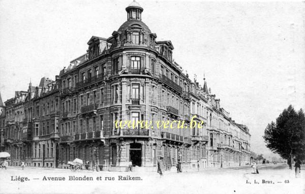 ancienne carte postale de Liège Avenue Blonden et rue Raikem