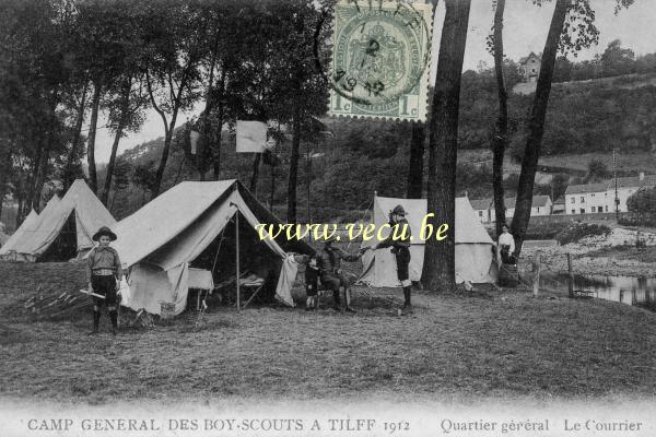 ancienne carte postale de Tilff Camp général des Boy-Scout. Quartier général. Le courrier