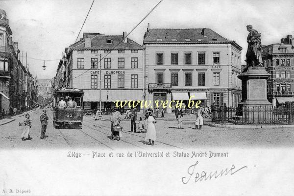 ancienne carte postale de Liège Place et rue de l'Université et Statue André Dumont (place du Vingt Août/place Cockerill)