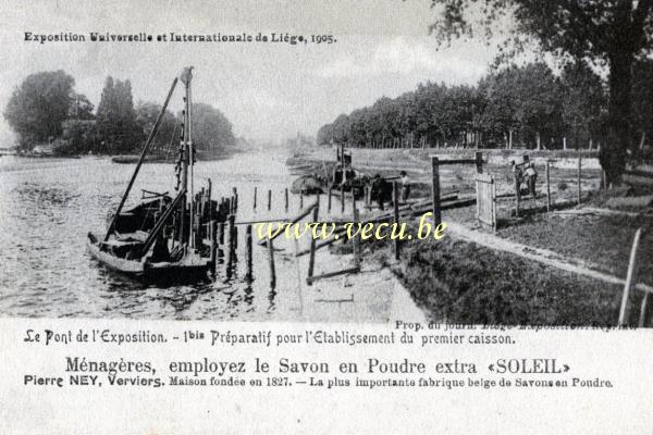 ancienne carte postale de Liège Le pont de l'exposition - Préparatif pour l'établissement du premier caisson