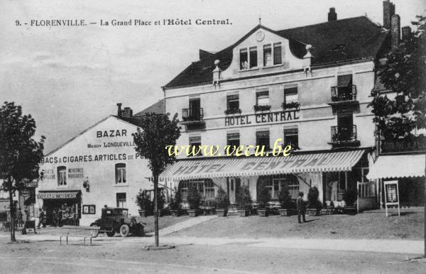 ancienne carte postale de Florenville La Grand Place et l'hôtel Central