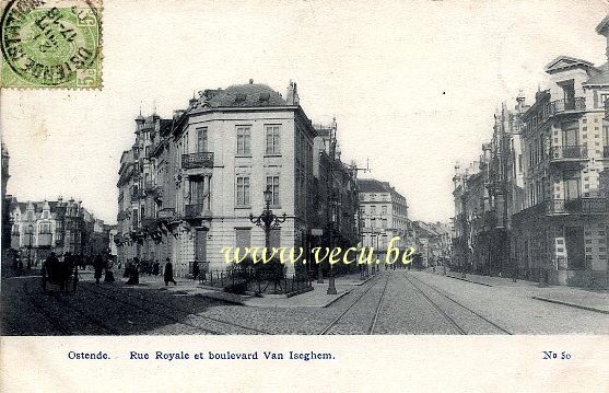 ancienne carte postale de Ostende Rue Royale et boulevard Van Iseghem