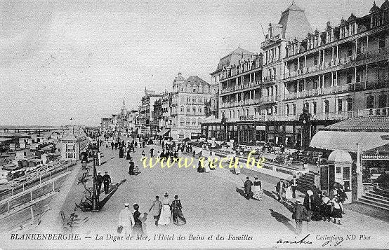 ancienne carte postale de Blankenberge La Digue de mer, l'Hôtel des Bains et des Familles
