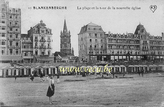 ancienne carte postale de Blankenberge La plage et la tour de la nouvelle église