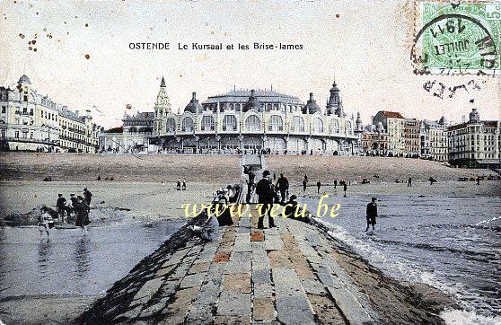 ancienne carte postale de Ostende Le Kursaal et les brise-lames