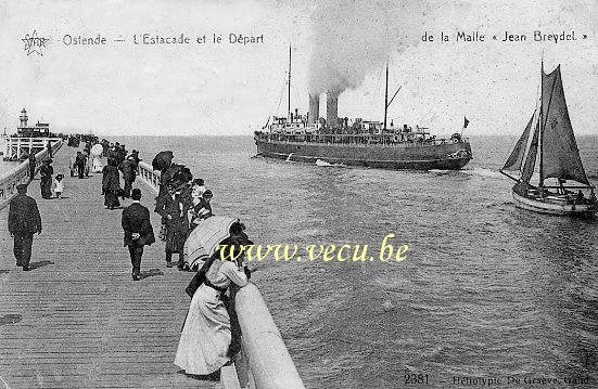 ancienne carte postale de Ostende L'Estacade et le départ de la malle 