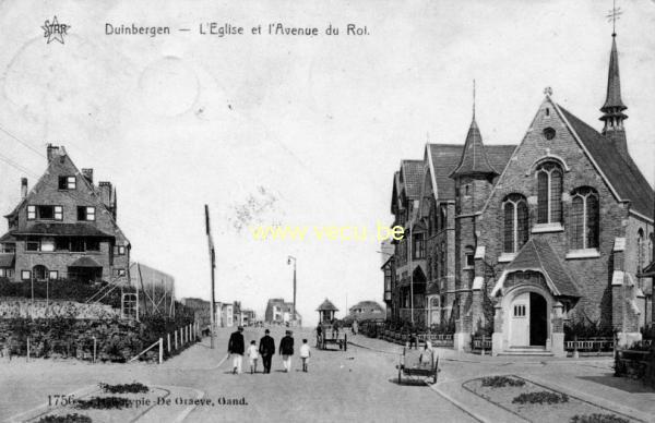 ancienne carte postale de Duinbergen L'église et l'avenue du Roi