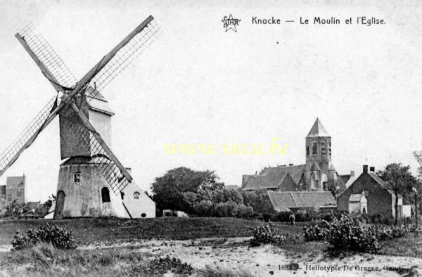 ancienne carte postale de Knokke Le moulin et l'église
