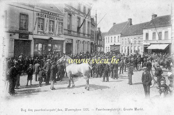 postkaart van Waregem Dag den paardenwedstrijden  - Paardenwedstrijd; Groote Markt