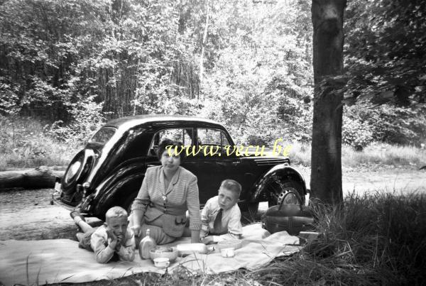 photo ancienne  Pique-nique dans les bois devant la nouvelle Austin A40
