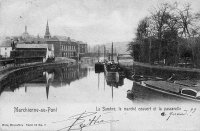 postkaart van Marchienne-au-pont La Sambre, le marché couvert et la passerelle