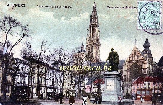 ancienne carte postale de Anvers Place Verte et Statue Rubens