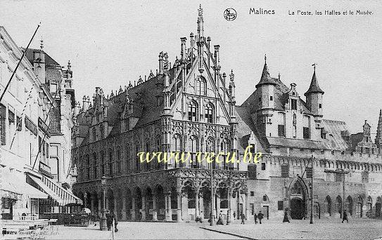 ancienne carte postale de Malines La Poste, les Halles et le Musée