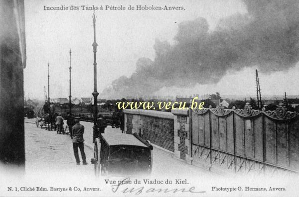 postkaart van Hoboken Incendie des tanks à pétrole de Hoboken - vue prise du viaduc de Kiel