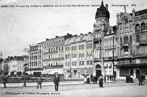 ancienne carte postale de Anvers Place de la Gare, entrée de la salle des fêtes du jardin zoologique