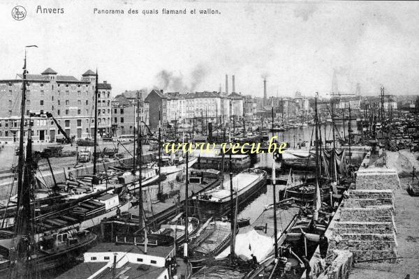 ancienne carte postale de Anvers Panorama des quais flamand et wallon