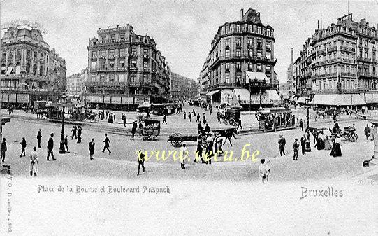 ancienne carte postale de Bruxelles Place de la Bourse et boulevard Anspach (panoramique)