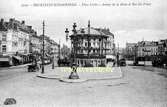 ancienne carte postale de Schaerbeek Place Liedts - Avenue de la Reine et rue du Palais