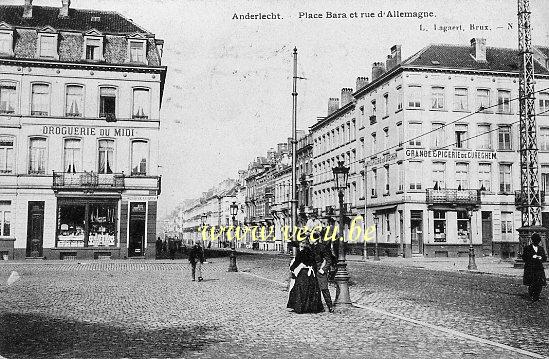 ancienne carte postale de Anderlecht Place Bara et rue d'Allemagne (avenue Clémenceau)