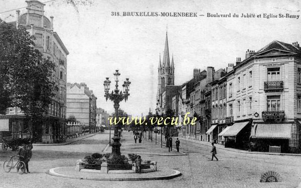 ancienne carte postale de Molenbeek Boulevard du Jubilé et Eglise St-Remy