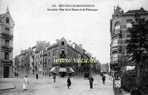 ancienne carte postale de Molenbeek Carrefour rue de la Meuse et de Flessingue
