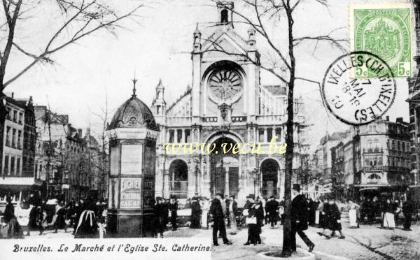 postkaart van Brussel Sint-Katelijneplein markt en kerk