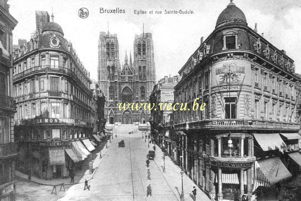 ancienne carte postale de Bruxelles Eglise et rue Sainte-Gudule