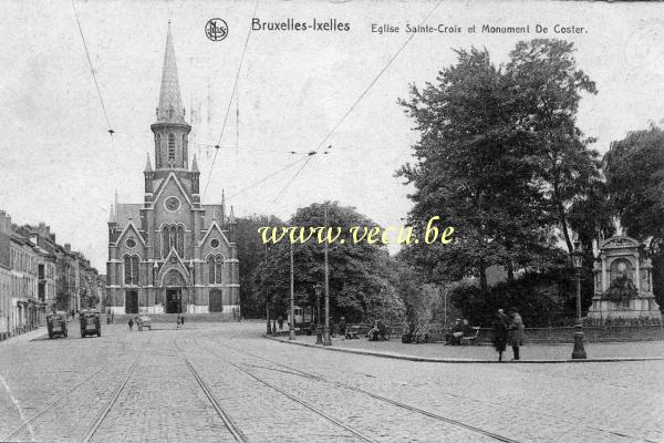 ancienne carte postale de Ixelles Eglise Sainte-Croix et Monument De Coster