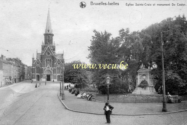 ancienne carte postale de Ixelles Eglise Sainte-Croix et Monument De Coster