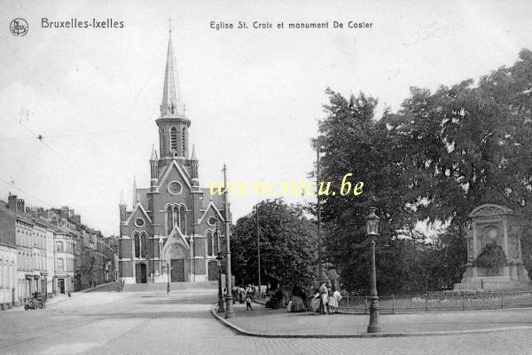 ancienne carte postale de Ixelles Eglise Ste-Croix et Monument De Coster