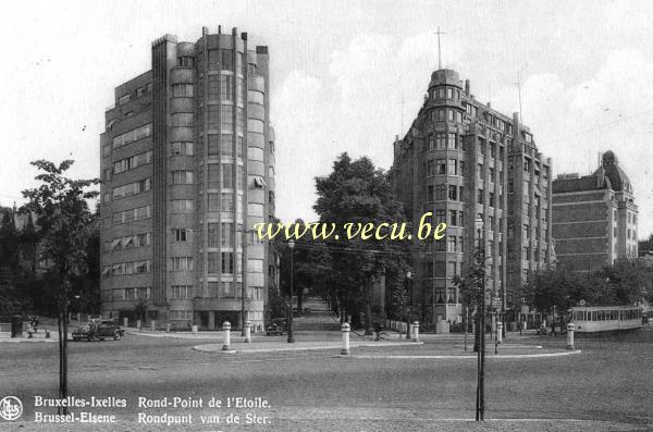 ancienne carte postale de Ixelles Rond-Point de l'Etoile (bâtiments art deco, architecte Collin pour Etrimo)