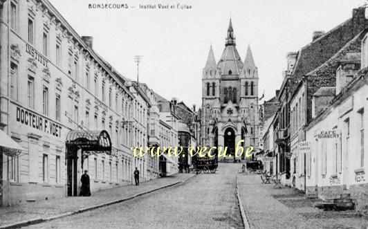 ancienne carte postale de Bonsecours Institut Voet et l'église.