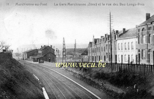 ancienne carte postale de Marchienne-au-pont La Gare marchande (zône) et la rue des bas-longs-prés.
