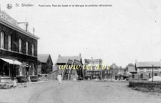 ancienne carte postale de Saint-Ghislain Pont-Levis, pont du Canal et la fabrique de produits réfractaires