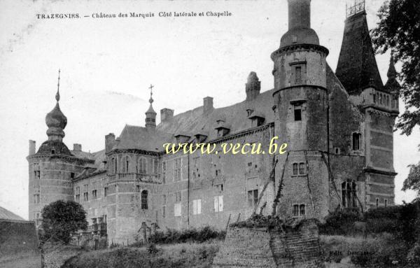 ancienne carte postale de Trazegnies Château des Marquis Côté latéral et chapelle
