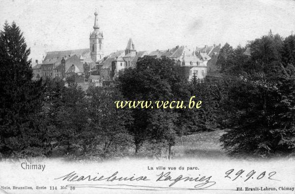 ancienne carte postale de Chimay La ville vue du parc