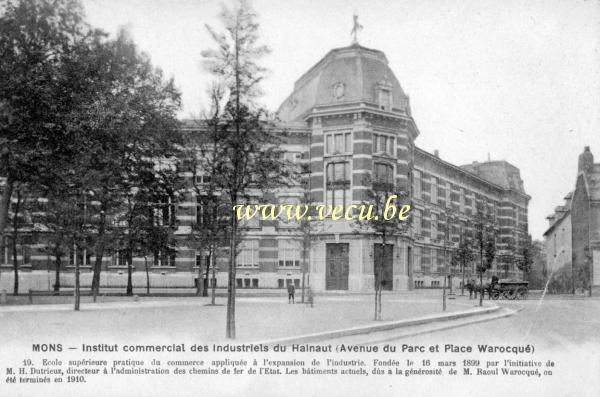 ancienne carte postale de Mons Institut commercial des industriels du Hainaut (avenue du parc et place Warocqué)