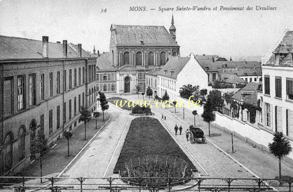 ancienne carte postale de Mons Square Sainte-Waudru et Pensionnat des Ursulines