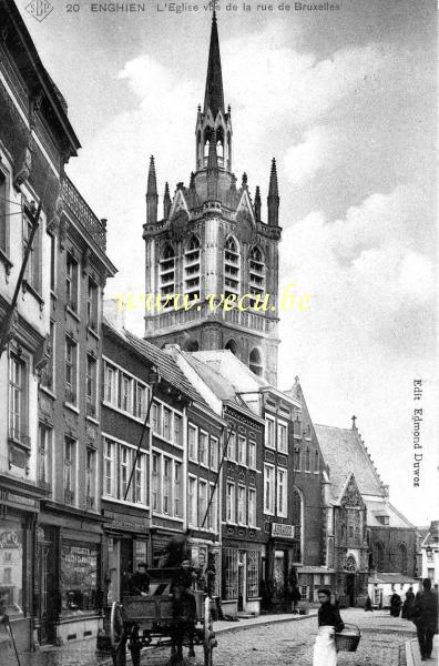 ancienne carte postale de Enghien L'église vue de la rue de Bruxelles