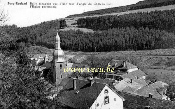 postkaart van Burg-Reuland Belle échappée vue d'une tour d'angle du Château fort-Eglise paroissiale