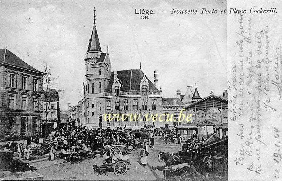 ancienne carte postale de Liège Nouvelle Poste et place Cockerill