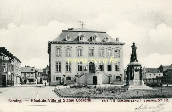 ancienne carte postale de Seraing Hôtel de ville et Statue Cockerill