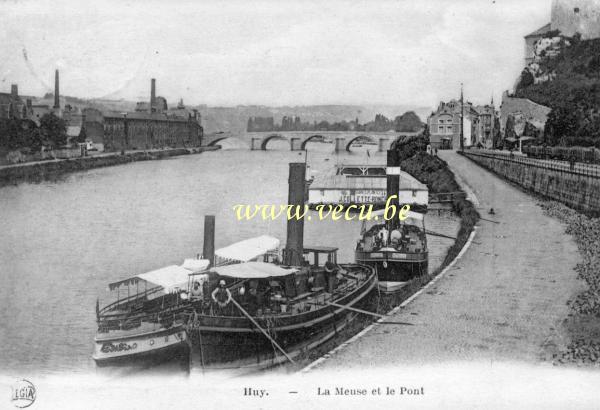 ancienne carte postale de Huy La Meuse et le pont